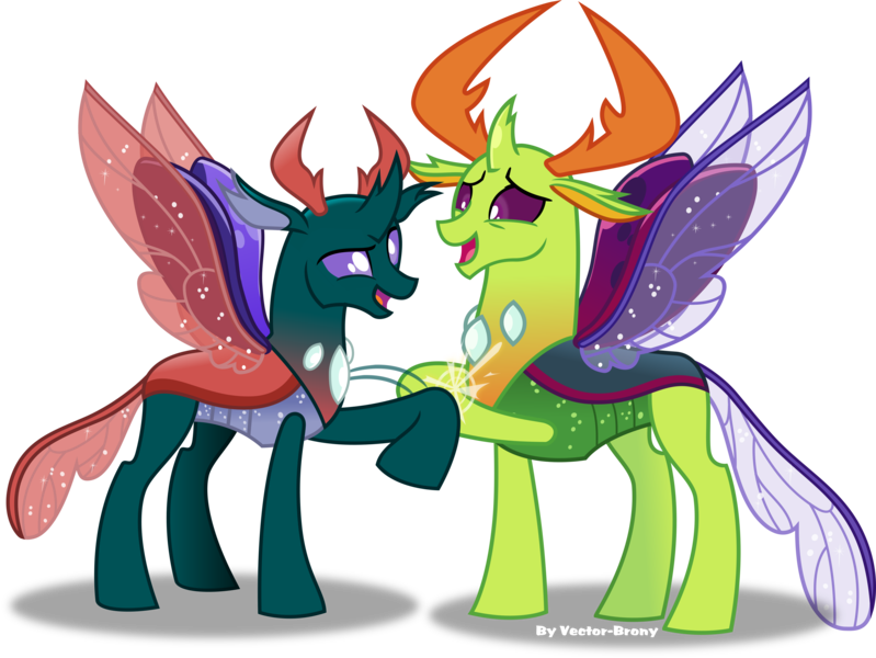 Size: 3809x2860 | Tagged: artist:vector-brony, brotherhood, brotherly love, brothers, changedling, changedling brothers, changeling, changeling king, derpibooru import, king thorax, male, open mouth, pharynx, prince pharynx, safe, simple background, smiling, stop hitting yourself, thorax, to change a changeling, transparent background, vector