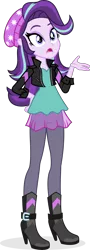 Size: 2880x8036 | Tagged: safe, alternate version, artist:punzil504, derpibooru import, starlight glimmer, sunset shimmer, equestria girls, mirror magic, spoiler:eqg specials, beanie, boots, clothes, clothes swap, female, hand on hip, hat, high heel boots, jacket, leather jacket, shirt, shoes, simple background, solo, transparent background, vector