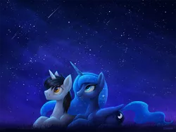 Size: 1200x900 | Tagged: safe, artist:scheadar, derpibooru import, princess luna, oc, oc:lunar evening, alicorn, pony, commission, looking up, luvning, male, night, night sky, prone, sky, stallion, starry night, stars