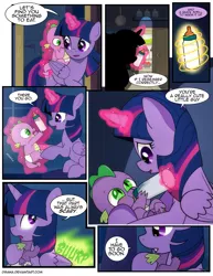Size: 1275x1650 | Tagged: safe, artist:dsana, derpibooru import, spike, twilight sparkle, twilight sparkle (alicorn), alicorn, dragon, pony, comic:a moment in time, baby, baby bottle, baby spike, burp, comic, cute, fire, fire breath, magic, mama twilight, milk, spikabetes, time travel, twiabetes, younger