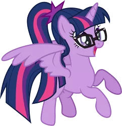 Size: 1001x1032 | Tagged: safe, artist:cloudyglow, derpibooru import, sci-twi, twilight sparkle, twilight sparkle (alicorn), ponified, alicorn, pony, adorkable, cute, dork, equestria girls ponified, female, flying, glasses, mare, open mouth, ponytail, scitwilicorn, simple background, smiling, solo, transparent background, twiabetes