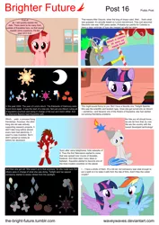 Size: 5656x8000 | Tagged: safe, artist:waveywaves, derpibooru import, applejack, discord, fluttershy, pinkie pie, princess celestia, princess luna, rainbow dash, rarity, twilight sparkle, twilight sparkle (alicorn), oc, oc:dustchu, oc:ruby rey, oc:slide fortissimo, alicorn, pony, comic:brighter future, absurd resolution, beaker, candy, candy cane, comic, female, fire, food, funnel, lesbian, science, shipping, sign, speech bubble, test tube, twidash, vector