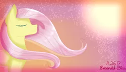 Size: 2600x1500 | Tagged: safe, artist:chaostrical, artist:emerald-bliss, derpibooru import, fluttershy, pegasus, pony, eyes closed, female, mare, smiling, solo, windswept mane