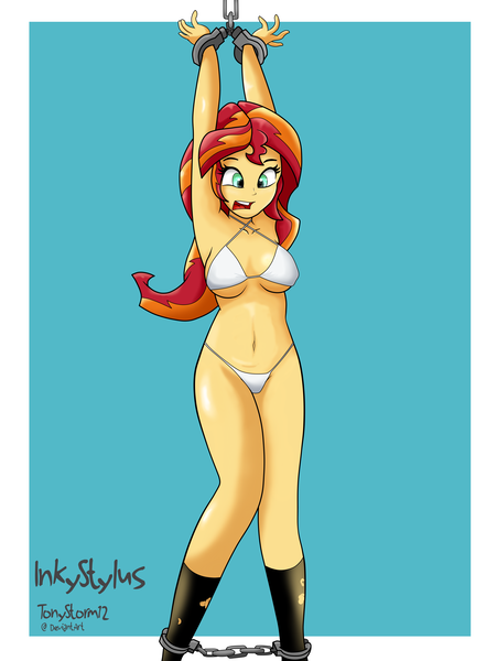 Size: 6820x9079 | Tagged: suggestive, artist:tonystorm12, derpibooru import, sunset shimmer, equestria girls, absurd resolution, ankle cuffs, armpits, belly button, bikini, bondage, breasts, busty sunset shimmer, clothes, cuffed, cuffs, female, handcuffed, legs, open mouth, sexy, simple background, socks, solo, solo female, swimsuit, thighs, tied up, white swimsuit