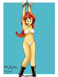 Size: 6820x9079 | Tagged: suggestive, artist:tonystorm12, derpibooru import, sunset shimmer, equestria girls, absurd resolution, ankle cuffs, armpits, belly button, bikini, bondage, breasts, busty sunset shimmer, clothes, cuffed, cuffs, female, handcuffed, legs, open mouth, sexy, simple background, socks, solo, solo female, swimsuit, thighs, tied up, white swimsuit