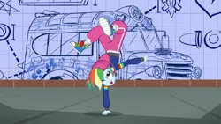 Size: 1280x720 | Tagged: safe, derpibooru import, screencap, rainbow dash, eqg summertime shorts, equestria girls, get the show on the road, backwards ballcap, baseball cap, blueprint, breakdancing, cap, clothes, converse, handstand, hat, open mouth, pants, rapper dash, school bus, sexy, shoes, solo, upside down