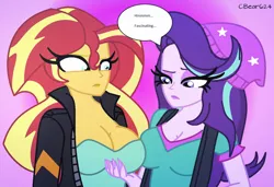 Size: 1401x961 | Tagged: suggestive, artist:cbear624, derpibooru import, starlight glimmer, sunset shimmer, equestria girls, mirror magic, spoiler:eqg specials, beanie, big breasts, breasts, busty starlight glimmer, busty sunset shimmer, cleavage, clothes, comparison, dialogue, female, grope, hat, lesbian, shimmerglimmer, shipping, speech bubble