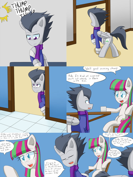 Size: 2400x3200 | Tagged: suggestive, artist:jake heritagu, derpibooru import, blossomforth, rumble, pony, comic:ask motherly scootaloo, clothes, coffee mug, comic, implied cloudchaser, implied flitter, implied sex, implied threesome, implied thunderlane, mug, scarf, sweater, table