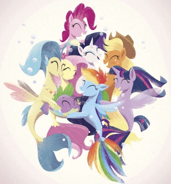 Size: 640x689 | Tagged: safe, derpibooru import, applejack, fluttershy, pinkie pie, princess skystar, rainbow dash, rarity, spike, twilight sparkle, alicorn, earth pony, pegasus, puffer fish, seapony (g4), unicorn, my little pony: the movie, seaponies make a splash, applejack's hat, bubble, clothes, colored pupils, cowboy hat, dorsal fin, eyes closed, eyeshadow, fin wings, fins, fish tail, flowing mane, flowing tail, group hug, happy, hat, horn, hug, image, jpeg, makeup, mane seven, mane six, open mouth, open smile, seaponified, seapony applejack, seapony fluttershy, seapony pinkie pie, seapony rainbow dash, seapony rarity, seapony twilight, seaquestria, see-through, simple background, smiling, species swap, spike the pufferfish, tail, underwater, water, white background, wings