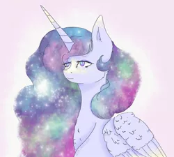 Size: 1024x922 | Tagged: safe, artist:princess-lunestia, derpibooru import, princess celestia, princess luna, oc, oc:princess lunestia, unofficial characters only, alicorn, pony, alicorn oc, ethereal mane, eyeshadow, female, flowing mane, folded wings, frown, fusion, lidded eyes, makeup, mare, multicolored mane, solo, starry mane