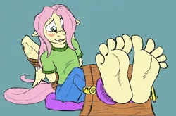 Size: 1044x689 | Tagged: anthro, artist:arcadias, artist:caroo, barefoot, blushing, butterscotch, clothes, colored sketch, crying, derpibooru import, feet, fetish, fluttershy, foot fetish, foot focus, jeans, male, male feet, pants, pillow, plantigrade anthro, rule 63, solo, solo male, stocks, suggestive, sweat, toes