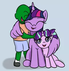 Size: 1163x1200 | Tagged: safe, artist:yukkuripalehorse, derpibooru import, starlight glimmer, twilight sparkle, twilight sparkle (alicorn), oc, oc:anon, alicorn, human, pony, unicorn, family, female, filly, happy, hug, kid anon, winghug