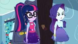 Size: 1280x720 | Tagged: safe, derpibooru import, screencap, rarity, sci-twi, twilight sparkle, eqg summertime shorts, equestria girls, leaping off the page, belt, bowtie, bracelet, clothes, glasses, indoors, jewelry, open mouth, ponytail, skirt
