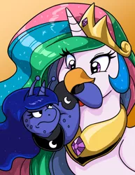 Size: 2550x3300 | Tagged: annoyed, artist:latecustomer, bird, chicken, crown, derpibooru import, duo, female, frown, funny, glare, gradient background, jewelry, looking at each other, looking back, luna is not amused, mouth hold, multicolored mane, nom, peytral, princess celestia, princess luna, regalia, royal sisters, safe, siblings, sisters, slug, smiling, smirk, species swap, unamused, wat