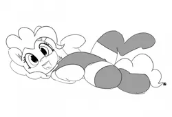 Size: 1280x869 | Tagged: suggestive, artist:pabbley, derpibooru import, pinkie pie, earth pony, pony, 30 minute art challenge, clothes, female, grayscale, mare, monochrome, on back, one-piece swimsuit, open mouth, solo, solo female, stockings, swimsuit, thigh highs