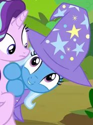 Size: 681x916 | Tagged: safe, derpibooru import, screencap, starlight glimmer, trixie, pony, unicorn, to change a changeling, adorable face, awww, best friends, best pony, cape, clothes, cute, daaaaaaaaaaaw, diatrixes, female, hat, mare, trixie's cape, trixie's hat