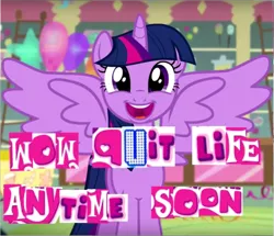 Size: 1049x902 | Tagged: safe, derpibooru import, edit, edited screencap, screencap, twilight sparkle, twilight sparkle (alicorn), alicorn, pony, the one where pinkie pie knows, caption, dissonant caption, expand dong, exploitable meme, female, image macro, implied suicide, mare, meme, smiling, solo, text