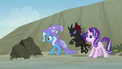 Size: 614x346 | Tagged: safe, derpibooru import, screencap, pharynx, starlight glimmer, thorax, trixie, changedling, changeling, maulwurf, pony, unicorn, to change a changeling, animated, cape, clothes, gif, hat, i threw a rock at him, magic, rock, telekinesis, trixie's cape, trixie's hat