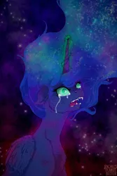 Size: 1024x1536 | Tagged: safe, artist:princess-lunestia, derpibooru import, nightmare moon, princess luna, alicorn, pony, crying, fangs, female, floppy ears, fluffy, mare, open mouth, solo, starry mane