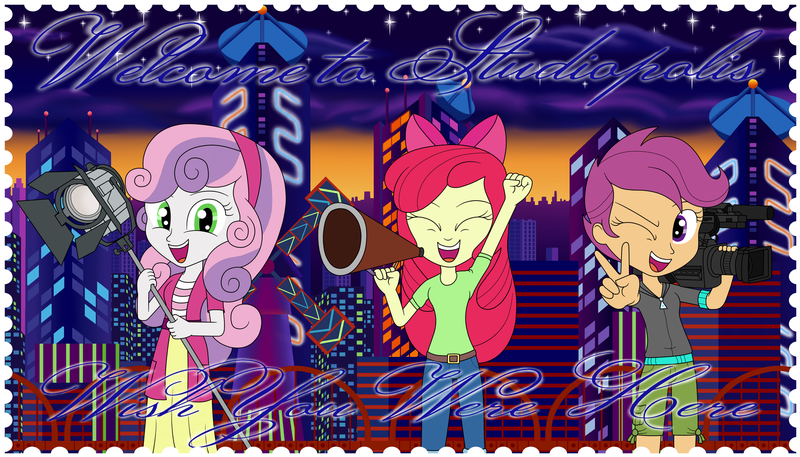 Size: 1600x914 | Tagged: safe, artist:phantomshadow051, derpibooru import, apple bloom, scootaloo, sweetie belle, equestria girls, clothes, crossover, cutie mark crusaders, postcard, sega, sonic mania, studiopolis, wish you were here