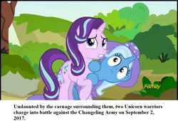 Size: 1280x870 | Tagged: safe, derpibooru import, starlight glimmer, trixie, pony, unicorn, to change a changeling, blatant lies, cowering, fake history, hiding, lies, newspaper, scared, text