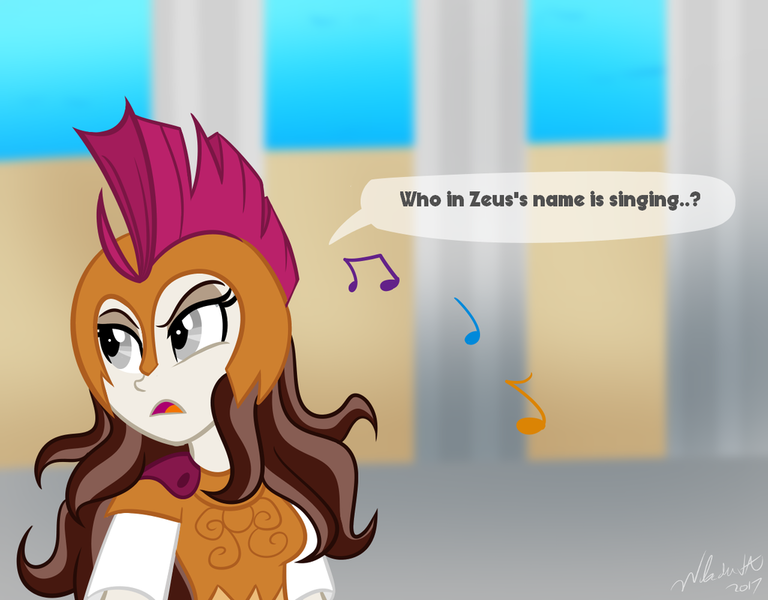 Size: 1024x800 | Tagged: safe, artist:wubcakeva, derpibooru import, equestria girls, armor, athena, clothes, dialogue, equestria girls-ified, greek mythology, implied dazzlings, music notes, open mouth, solo, speech bubble