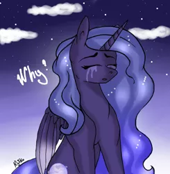 Size: 1488x1520 | Tagged: safe, artist:nyokoart, derpibooru import, princess luna, alicorn, pony, crying, eyes closed, female, mare, night, night sky, sad, signature, sky, solo, why