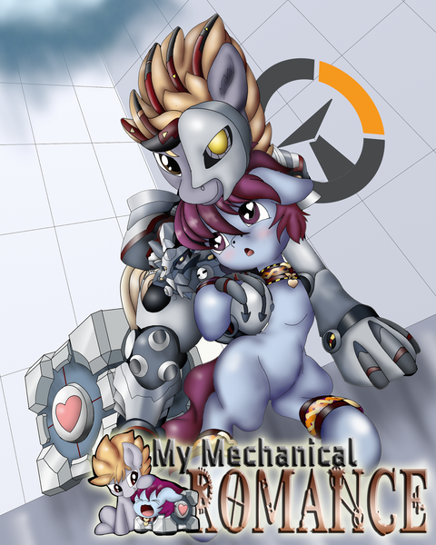 Size: 1600x2000 | Tagged: suggestive, artist:manifest harmony, derpibooru import, pony, robot, robot pony, fanfic, fanfic:clocktower society, bdsm, clothes, collar, cosplay, costume, cute, fanfic art, fanfic cover, mecha, pet play, portal (valve), romance, slave