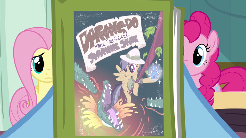 Size: 1280x720 | Tagged: safe, derpibooru import, screencap, daring do, fluttershy, pinkie pie, rainbow dash, pony, read it and weep, book, daring do and the sapphire statue