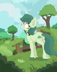 Size: 1997x2483 | Tagged: safe, artist:paskanaakka, derpibooru import, oc, oc:bittergreen, unofficial characters only, earth pony, pony, chest fluff, cloud, colored hooves, ear fluff, female, frown, looking back, mare, plot, sad, scenery, solo, tree, unshorn fetlocks