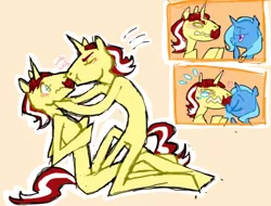 Size: 596x452 | Tagged: anatomically incorrect, angry, artist:crunk, blushing, crack shipping, derpibooru import, female, flam, flaxie, flim, flimflam, flim flam brothers, gay, horns, incest, kissing, male, missing accessory, missing cutie mark, nose rub, safe, semi-anthro, shipping, shocked, simple background, straight, trixie