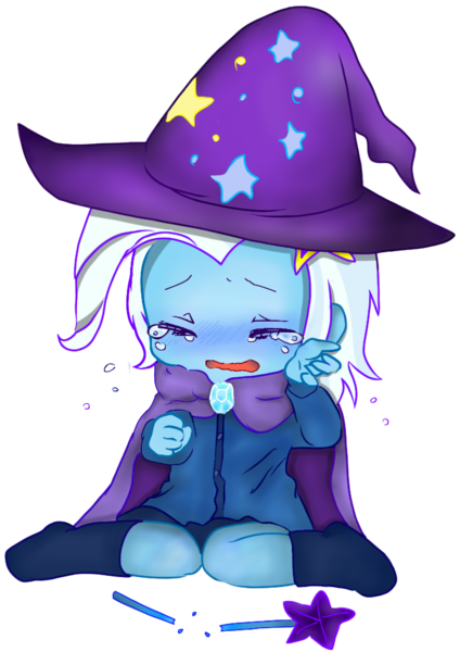 Size: 703x994 | Tagged: safe, artist:starwantrix, artist:weiliy, color edit, derpibooru import, edit, trixie, equestria girls, broken, colored, crying, cute, diatrixes, eyes closed, feels, hat, hugs needed, open mouth, sad, simple background, solo, transparent background, wand, wavy mouth, woobie, young, younger