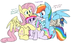 Size: 5659x3422 | Tagged: safe, artist:chub-wub, derpibooru import, fluttershy, rainbow dash, oc, oc:color splash, pony, female, flutterdash, lesbian, magical lesbian spawn, misspelling, offspring, parent:fluttershy, parent:rainbow dash, parents:flutterdash, shipping, trio, two moms