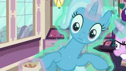 Size: 1280x720 | Tagged: safe, derpibooru import, screencap, starlight glimmer, trixie, pony, all bottled up, angry, jewelry, levitation, magic, peanut, telekinesis