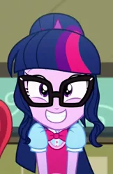 Size: 447x689 | Tagged: safe, derpibooru import, screencap, sci-twi, twilight sparkle, eqg summertime shorts, equestria girls, subs rock, adorkable, bowtie, cropped, cute, dork, excited, female, glasses, grin, nerd, smiling, solo, twiabetes