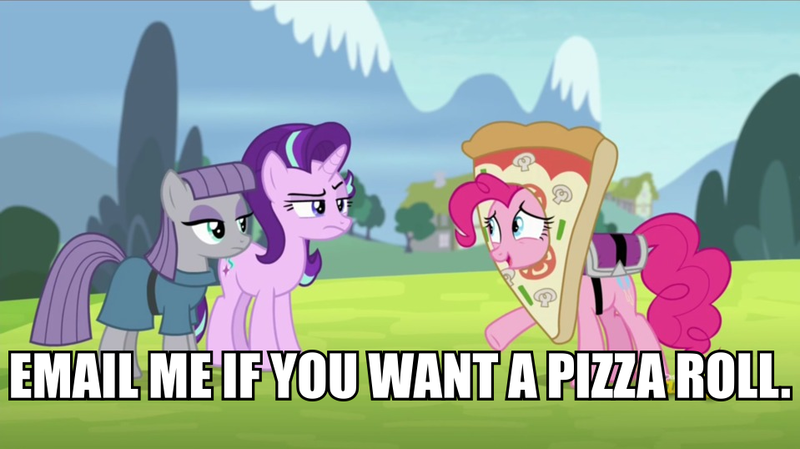 Size: 959x538 | Tagged: safe, derpibooru import, edit, edited screencap, screencap, maud pie, pinkie pie, starlight glimmer, pony, unicorn, rock solid friendship, female, food, harry s. pinkett, impact font, mare, meme, mr. plinkett, pizza, pizza head, red letter media, text