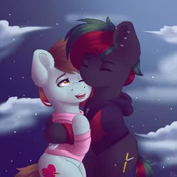 Size: 3000x3000 | Tagged: safe, artist:spirit-dude, derpibooru import, oc, oc:flint sketch, oc:spirit rose, unofficial characters only, pony, clothes, eyes closed, female, hoodie, male, mare, night, open mouth, sitting, smiling, stallion, stars