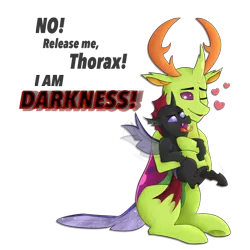 Size: 1500x1500 | Tagged: artist:jeshh, brotherly love, brothers, changedling, changeling, cute, derpibooru import, dialogue, hape, heart, hissing, hug, i am the night, king thorax, looking at each other, male, one eye closed, pharynx, safe, siblings, simple background, sitting, struggling, thorax, to change a changeling, transparent background, tsundere