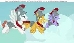 Size: 1280x760 | Tagged: suggestive, derpibooru import, edit, edited screencap, screencap, albus, flash magnus, iron eagle, pegasus, pony, campfire tales, ancient rome, armor, bedroom eyes, bisexual, female, flying, gay, helmet, hoof shoes, male, mare, out of context, royal legion, shipping fuel, stallion, straight, trio