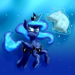 Size: 1200x1200 | Tagged: safe, artist:amidkor, derpibooru import, princess luna, pony, clothes, one-piece swimsuit, pillow, pillow fight, swimming, swimsuit, underwater, water