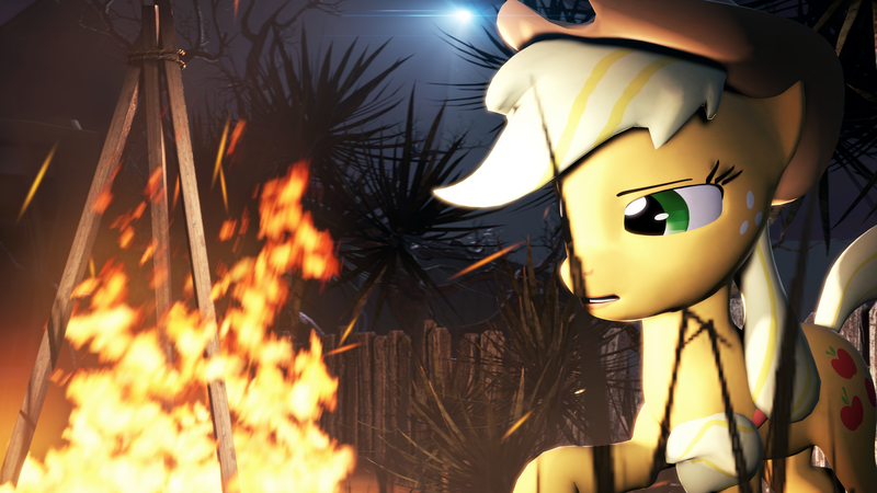 Size: 3840x2160 | Tagged: safe, artist:jollyoldcinema, derpibooru import, applejack, pony, 3d, alone, campfire, camping, desert, night, solo, source filmmaker