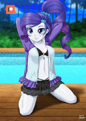Size: 601x850 | Tagged: suggestive, alternate version, artist:uotapo, derpibooru import, edit, rarity, equestria girls, animated, arm behind head, armpits, attached skirt, beach, beautiful, belly button, bikini, bikini babe, black swimsuit, blushing, breasts, busty rarity, clothes, cutie mark swimsuit, female, forest, frilled swimsuit, gif, jeweled swimsuit, kneeling, lacy bikini, looking at you, o-ring swimsuit, ocean, patreon, patreon logo, ponytail, rash guard, sexy, skirt, smiling, solo, solo female, stupid sexy rarity, swimsuit, underboob, water