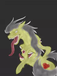 Size: 768x1024 | Tagged: semi-grimdark, artist:zigragirl, derpibooru import, oc, oc:scavenger, unofficial characters only, earth pony, pony, antagonist, black background, body horror, corrupted, irc, long tongue, male, simple background, solo, stallion, tongue out, traditional art