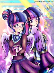 Size: 1024x1365 | Tagged: alternate costumes, anime, artist:animechristy, book, clothes, derpibooru import, duality, glasses, hair bun, human, humanized, lipstick, safe, sci-twi, self paradox, skirt, sparkles, striped shirt, twilight sparkle, twolight, winged humanization, wings