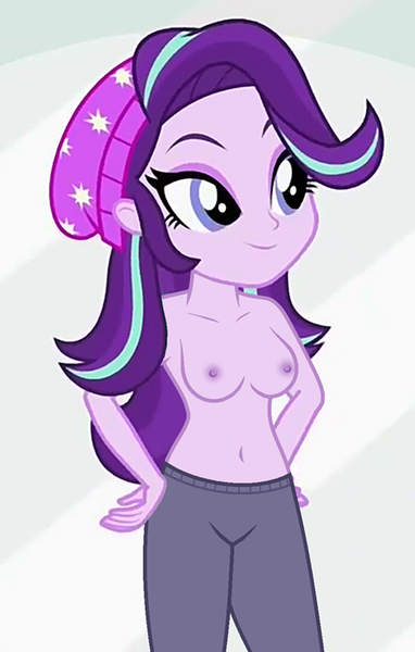 Size: 446x700 | Tagged: questionable, derpibooru import, edit, edited screencap, editor:ah96, screencap, starlight glimmer, human, equestria girls, mirror magic, spoiler:eqg specials, beanie, belly button, breast edit, breasts, busty starlight glimmer, cleavage, clothes, cropped, female, hand on hip, hat, midriff, nipples, nude edit, nudity, pants, partial nudity, partial nudity edit, smiling, solo, solo female, sweatpants, topless, topless edit