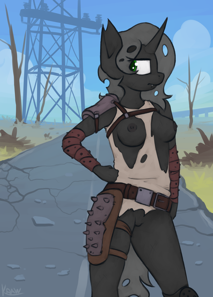 Size: 1418x1974 | Tagged: anthro, artist:marsminer, breasts, changeling, changeling oc, clothes, derpibooru import, fallout, female, nipples, nudity, oc, oc:lix, questionable, solo, solo female, torn clothes, unofficial characters only