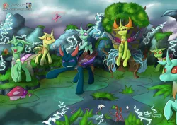 Size: 1280x905 | Tagged: angry, artist:calena, butterfly, changedling, changedling brothers, changeling, cloud, derpibooru import, implied chrysalis, king thorax, mountain, mushroom, patreon, patreon logo, patreon preview, pharynx, plant, pointing, prince pharynx, roots, safe, shadow, sitting, sky, squirrel, surprised, thorax, throne, to change a changeling, tree