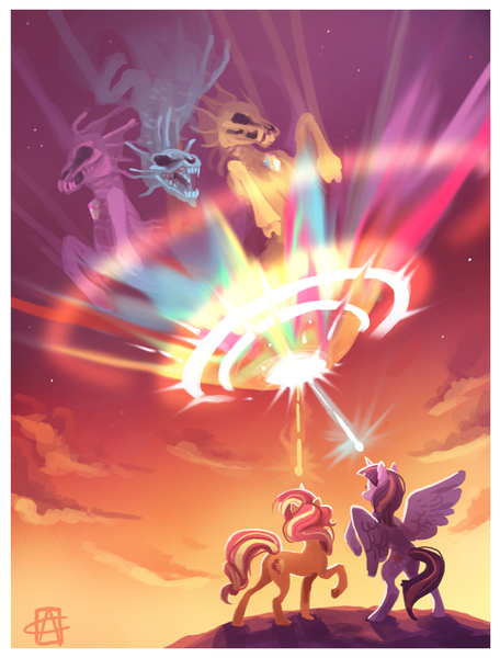 Size: 834x1098 | Tagged: safe, artist:griffsnuff, derpibooru import, adagio dazzle, aria blaze, sonata dusk, sunset shimmer, twilight sparkle, twilight sparkle (alicorn), alicorn, pony, siren, unicorn, awesome, epic, female, fight, magic, mare, skull, sunset