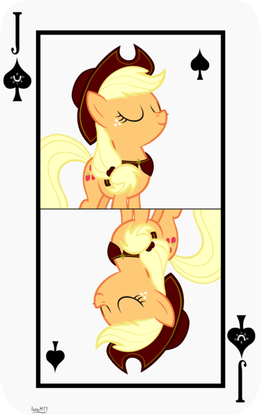 Size: 3809x6062 | Tagged: safe, artist:ironm17, derpibooru import, part of a set, applejack, earth pony, pony, cape, card, clothes, cowboy hat, eyes closed, female, hat, jack of spades, mare, playing card, smiling, solo, vector