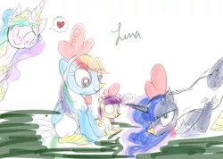 Size: 1024x731 | Tagged: safe, artist:darkest-lunar-flower, derpibooru import, princess celestia, princess luna, rainbow dash, scootaloo, pony, :p, animal costume, chicken suit, clothes, costume, cute, cutealoo, cutelestia, dashabetes, henbow dash, jewelry, lunabetes, regalia, scootachicken, silly, silly pony, simple background, sitting, smiling, tongue out, white background